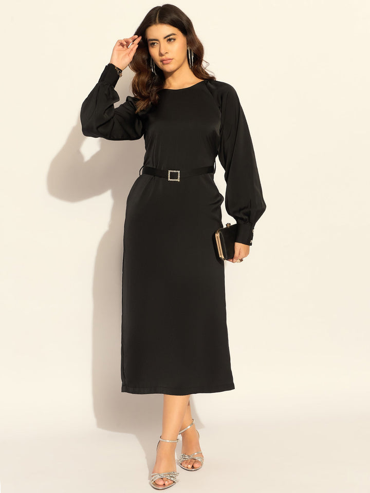 Black-Polyester-Chic-Semi-Fitted-Midi-Dress