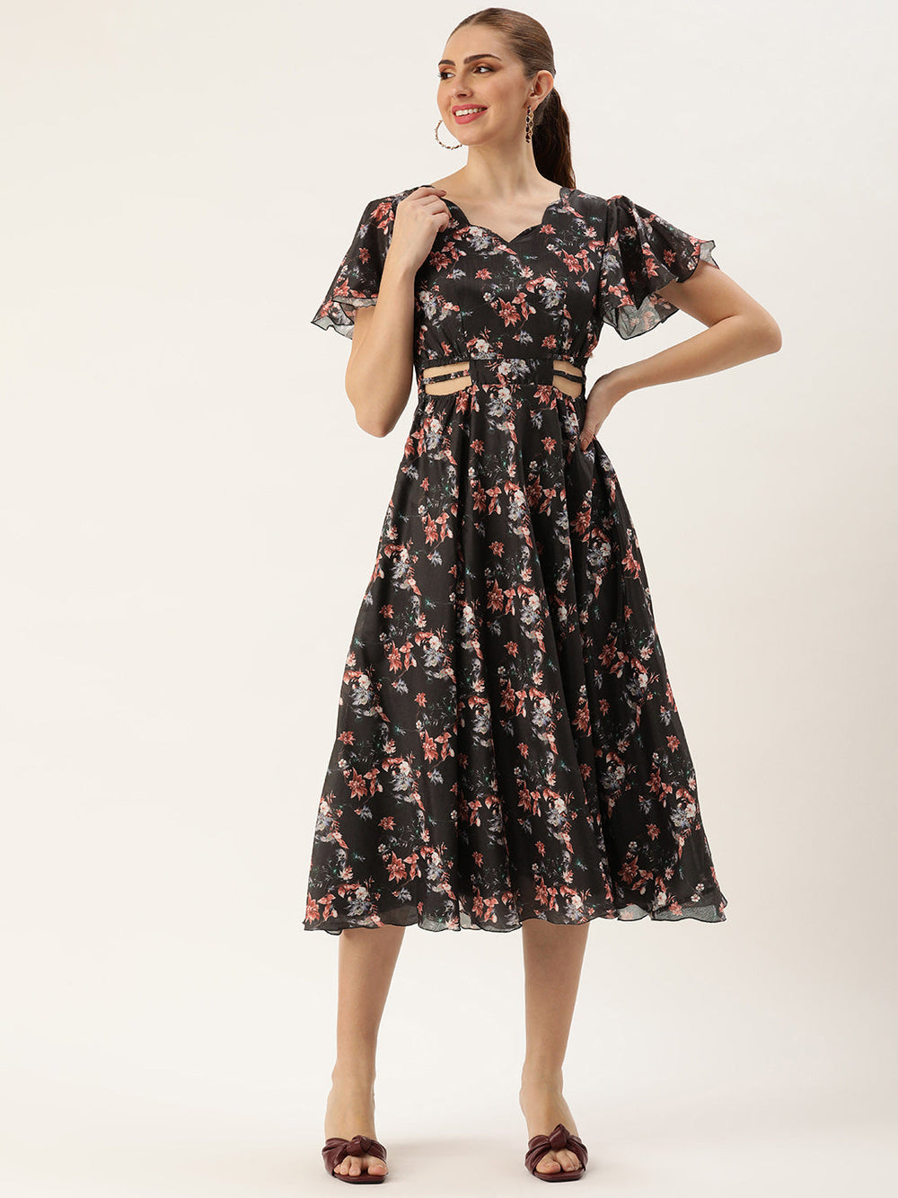 Black-Polyester-Chinon-Side-Cut-Out-Dress