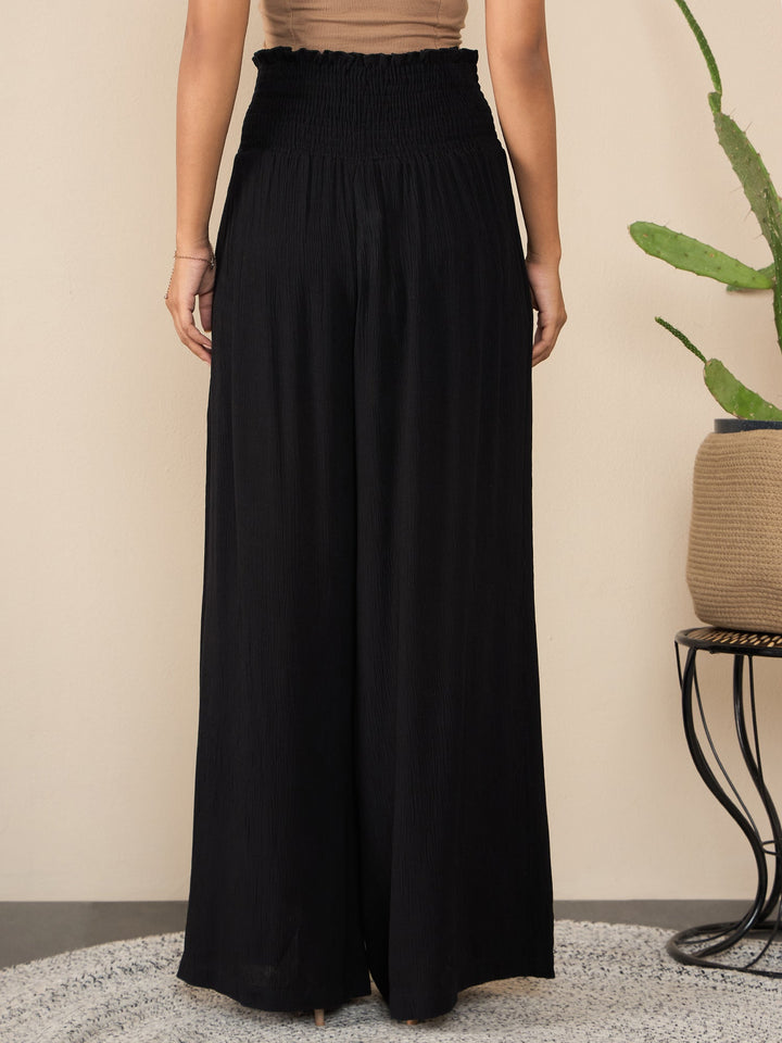 Black-Polyester-Crepe-Self-Design-Smocked-Waist-Pants