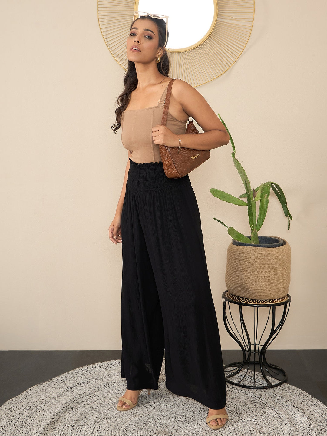 Black-Polyester-Crepe-Self-Design-Smocked-Waist-Pants