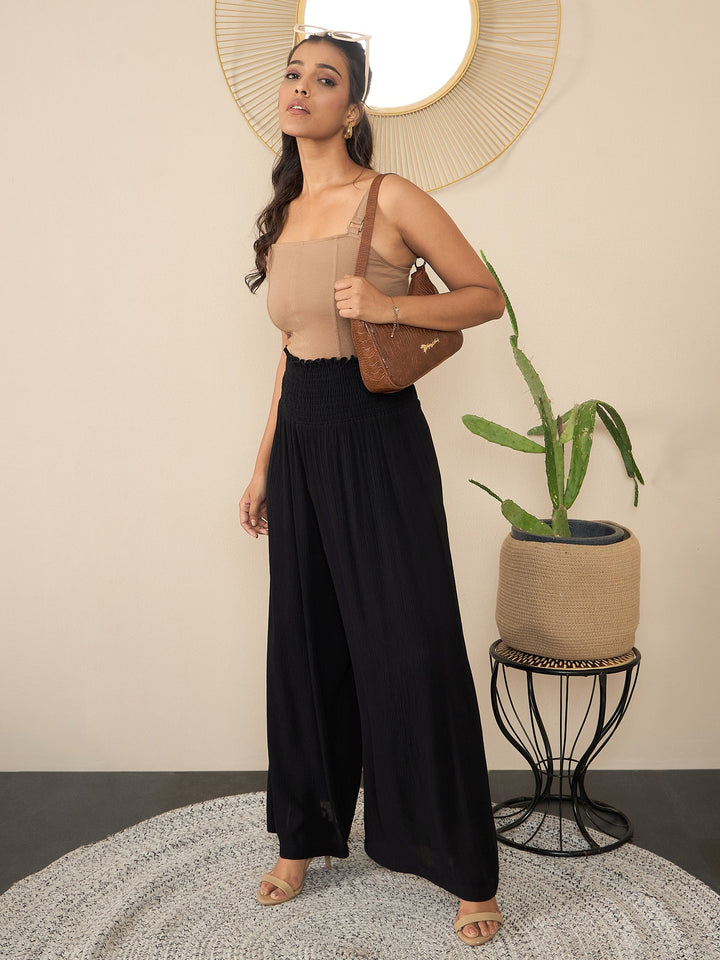 Black-Polyester-Crepe-Self-Design-Smocked-Waist-Pants
