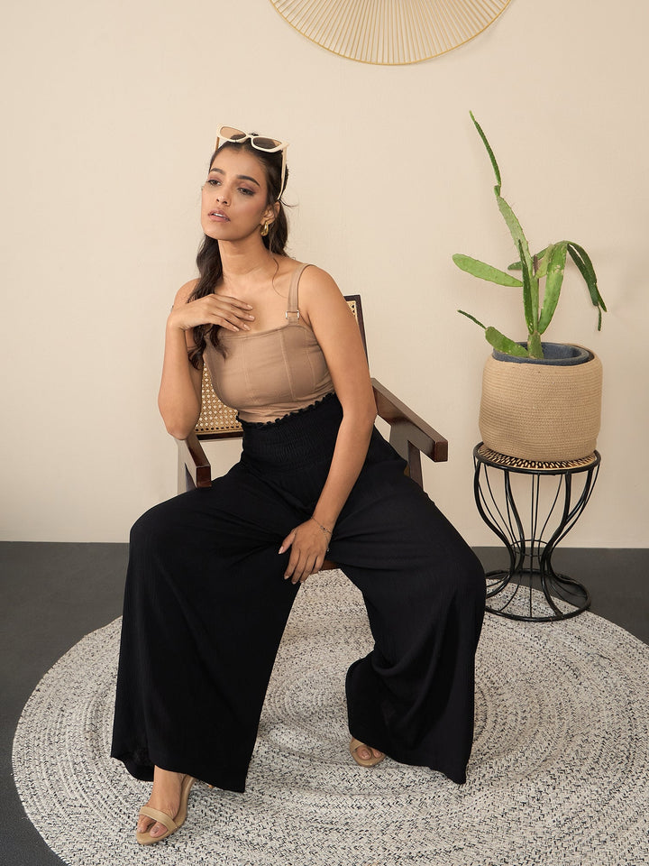 Black-Polyester-Crepe-Self-Design-Smocked-Waist-Pants