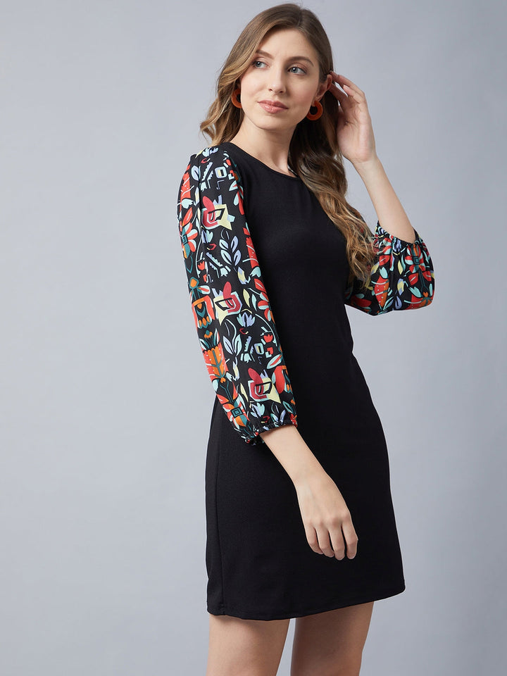 Black-Polyester-Dress-With-Printed-Balloon-Sleeves