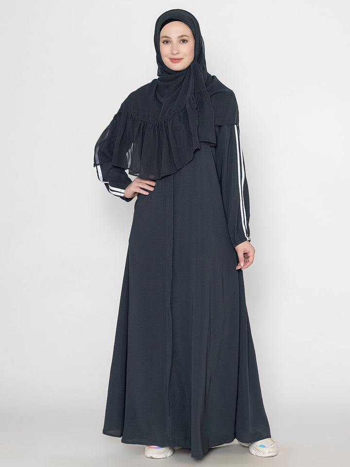 Black-Polyester-Elasticated-Sleeves-&-Scarf-Sporty-Abaya