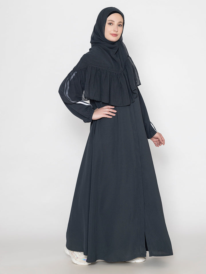 Black-Polyester-Elasticated-Sleeves-&-Scarf-Sporty-Abaya