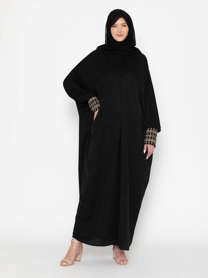 Black Polyester Embroidered Cuff Abaya