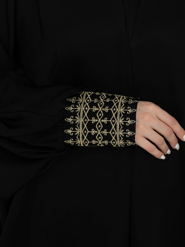 Black Polyester Embroidered Cuff Abaya