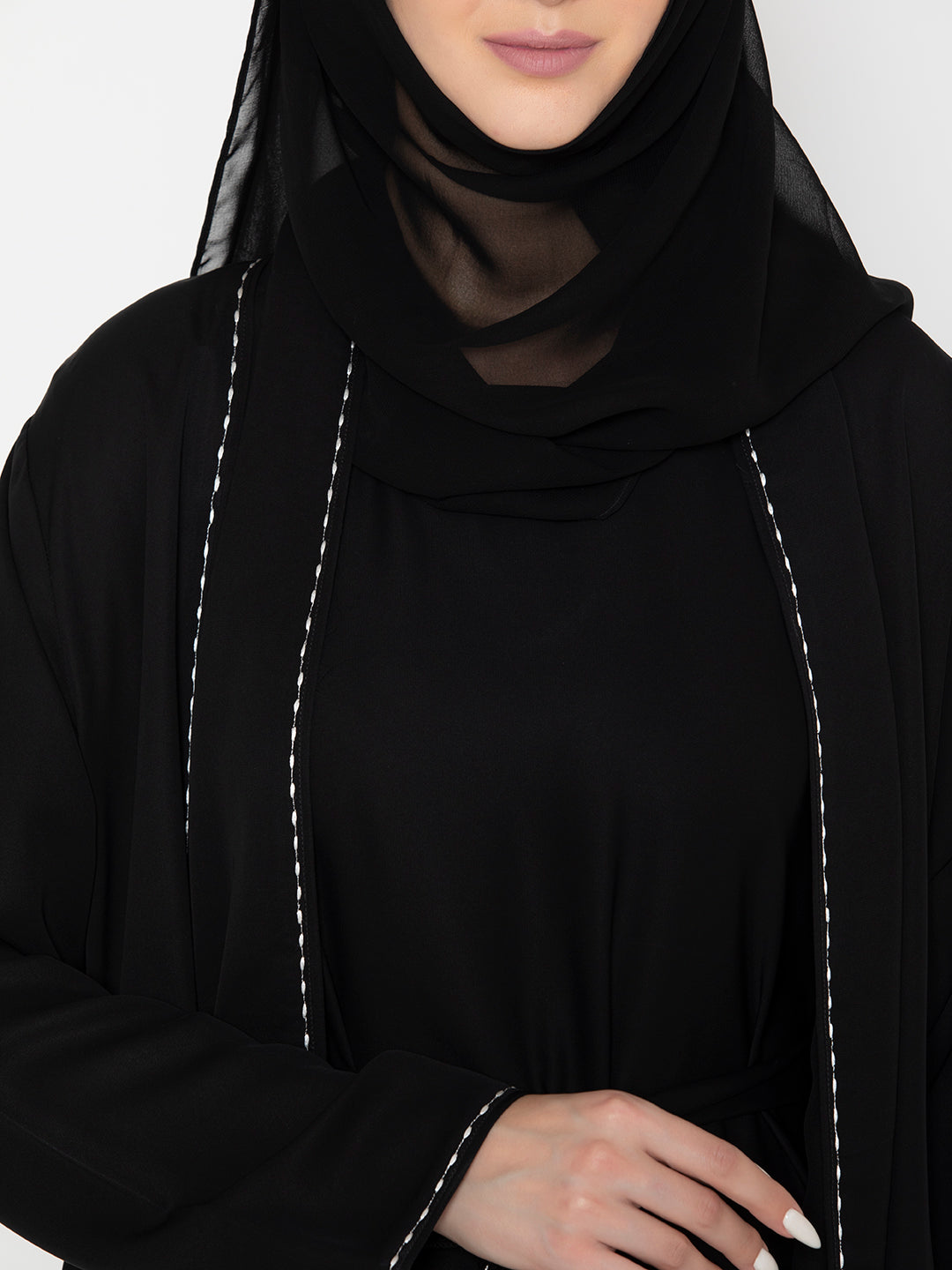 Black Polyester Embroidered Rice Stich Abaya