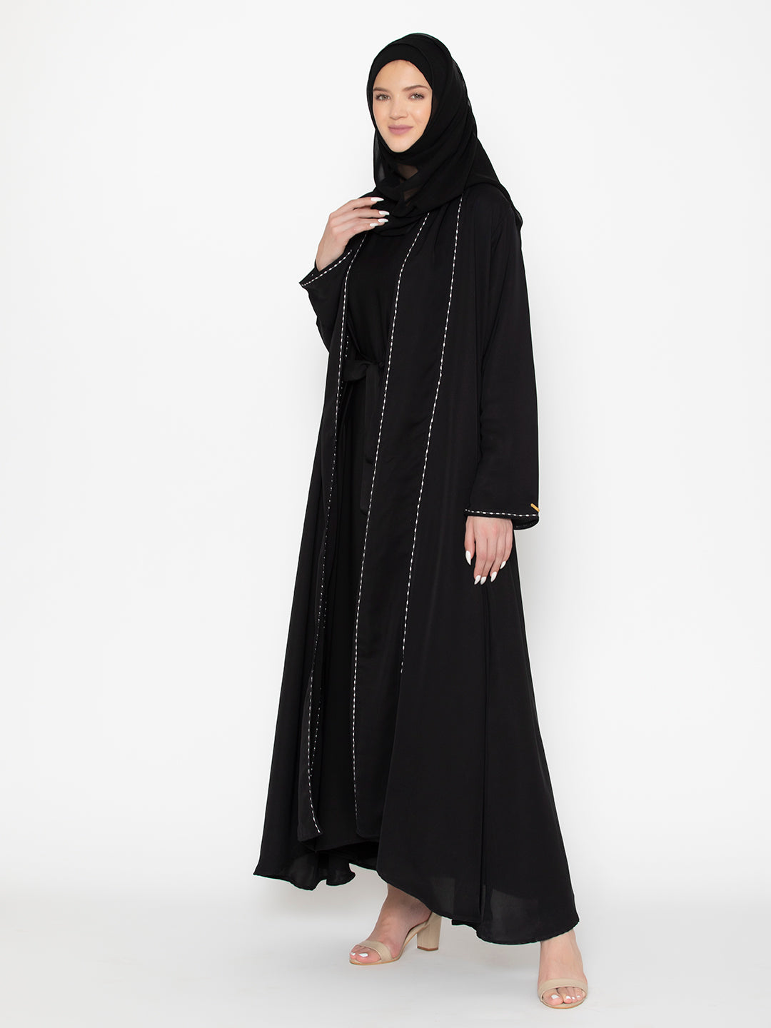 Black Polyester Embroidered Rice Stich Abaya