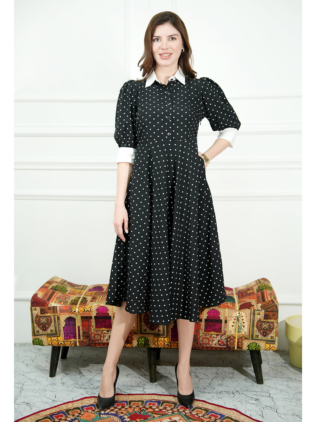 Black-Polyester-Exploration-Polka-Dress-With-Pockets