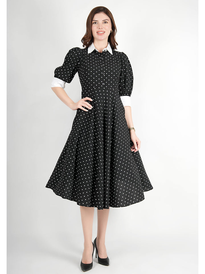 Black-Polyester-Exploration-Polka-Dress-With-Pockets