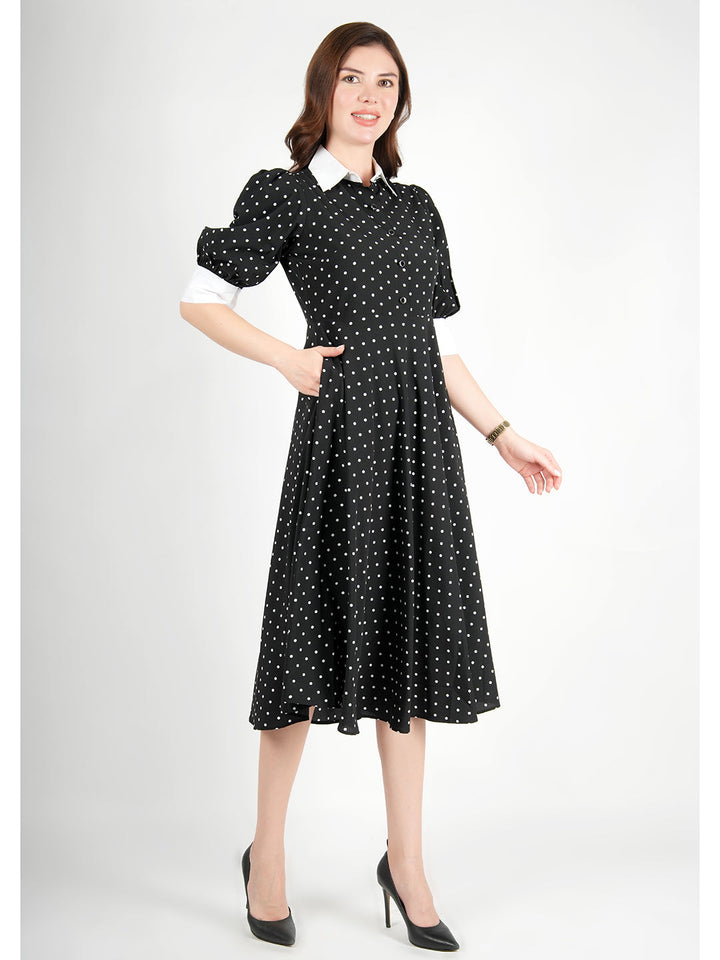 Black-Polyester-Exploration-Polka-Dress-With-Pockets