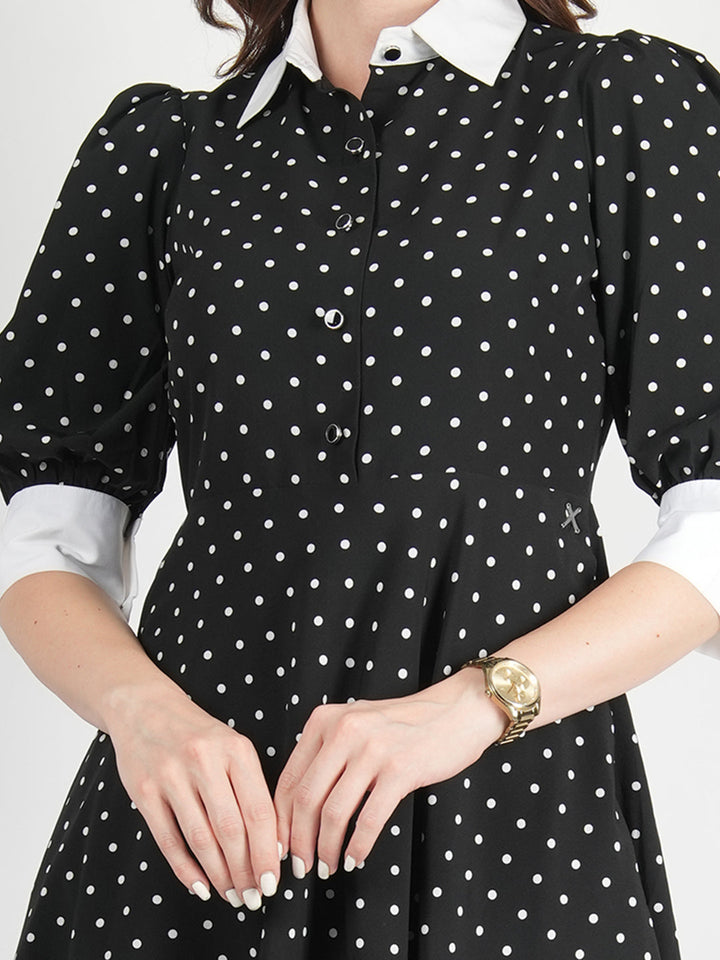 Black-Polyester-Exploration-Polka-Dress-With-Pockets