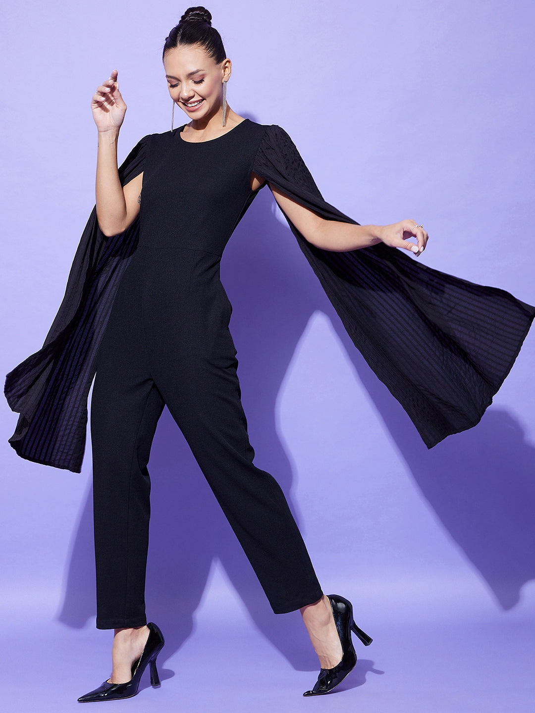 Black-Polyester-Fitted-Jumpsuit-With-Long-Cape-Sleeves