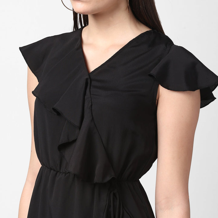 Black-Polyester-Front-Ruffle-Dress
