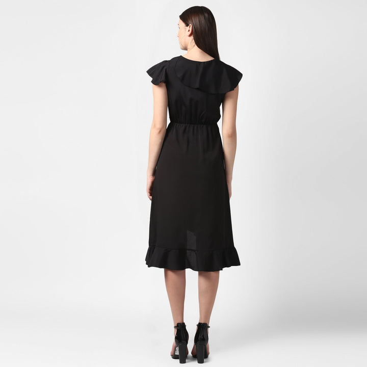 Black-Polyester-Front-Ruffle-Dress