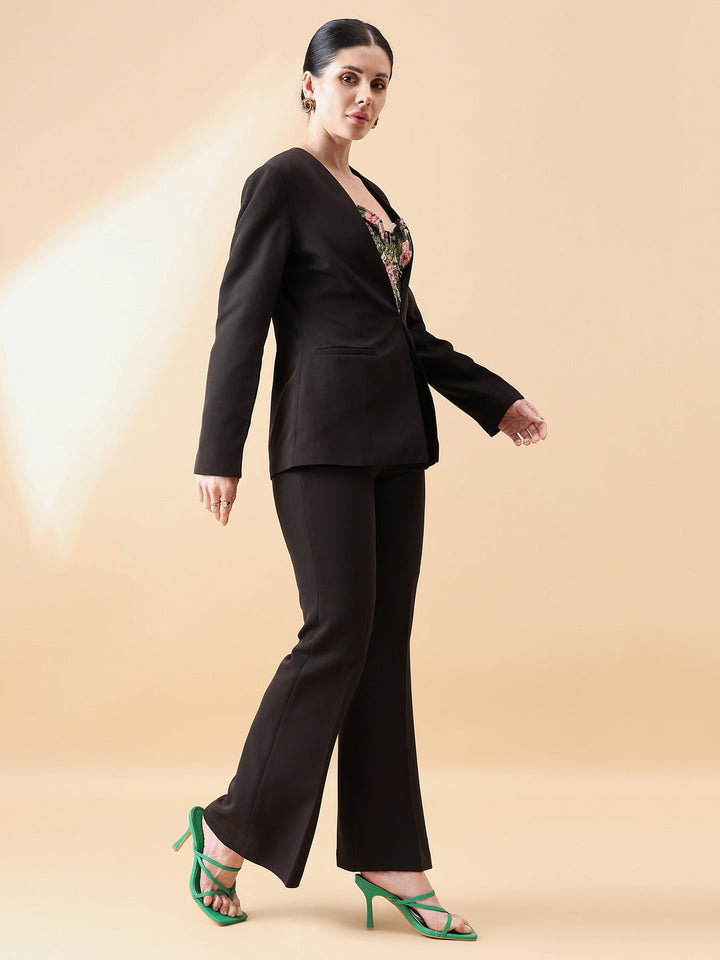 Black-Polyester-Lapel-Less-Stretch-Pant-Suit