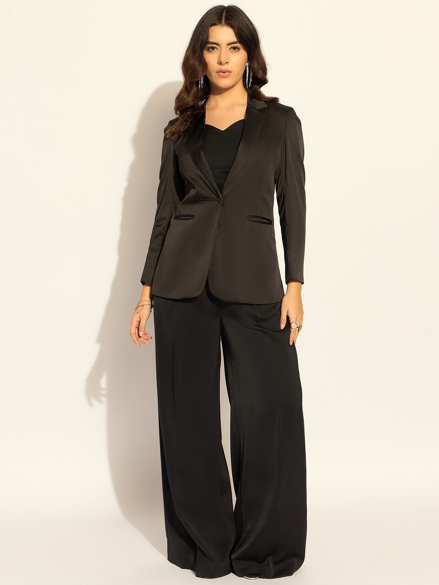 Black Polyester Loose Fit Elegant Blazer Set With Bustier ZERESOUQ.COM