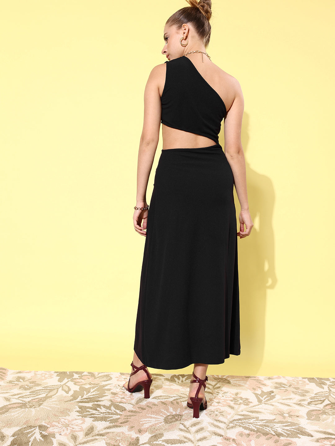 Black-Polyester-Lycra-Cut-Out-One-Shoulder-Maxi-Dress