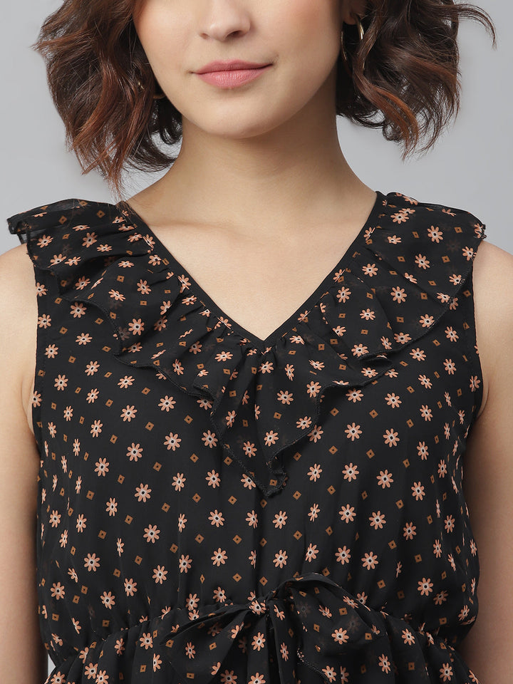 Black-Polyester-Printed-Peplum-Style-Dress