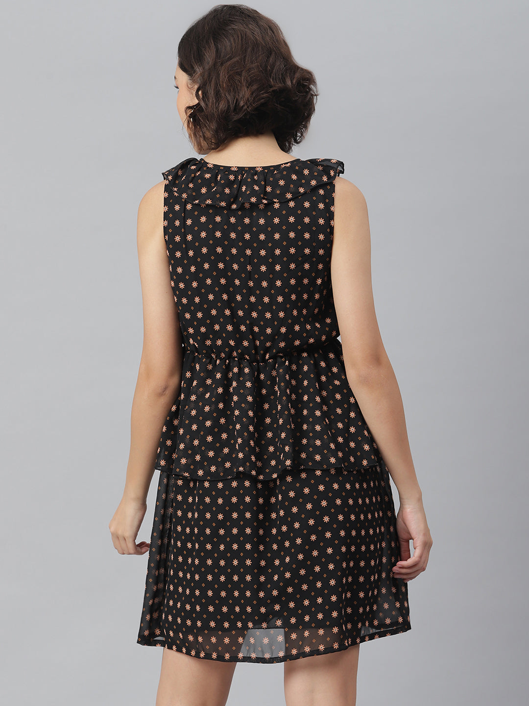 Black-Polyester-Printed-Peplum-Style-Dress