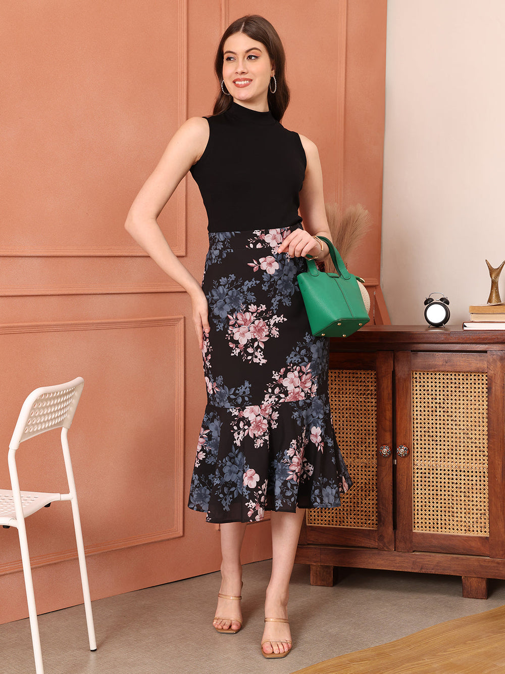 Black-Polyester-Radiant-Reflections-Floral-Midi-Skirt