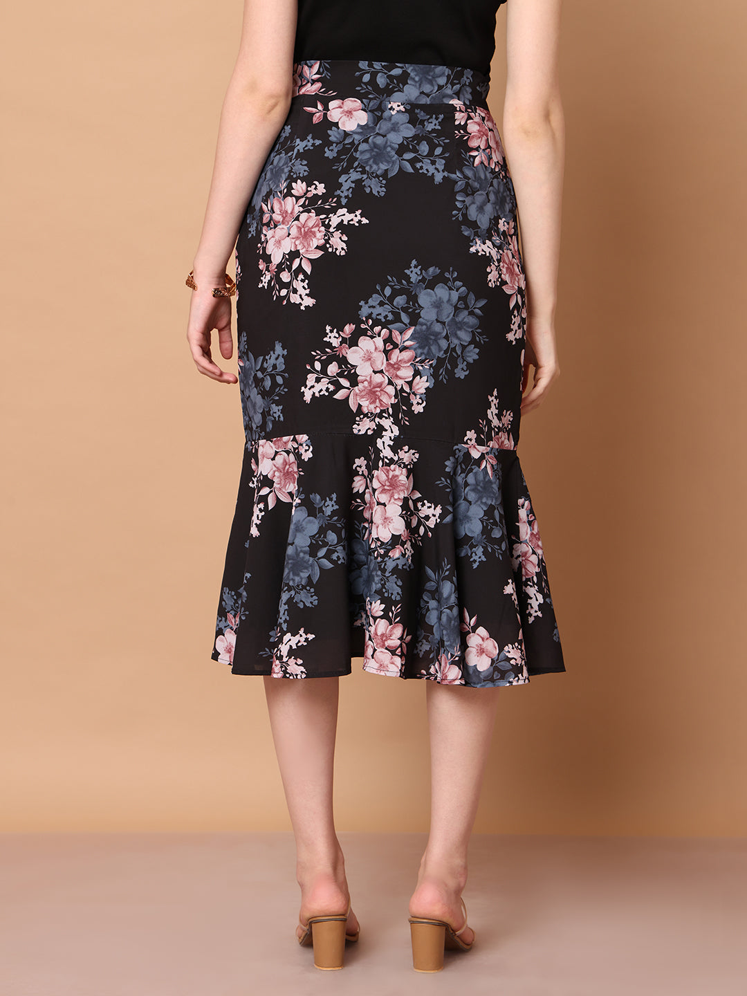 Black-Polyester-Radiant-Reflections-Floral-Midi-Skirt