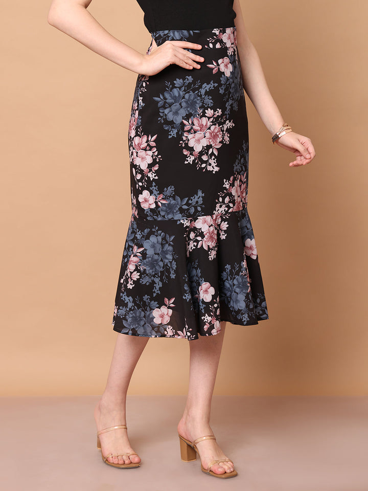 Black-Polyester-Radiant-Reflections-Floral-Midi-Skirt