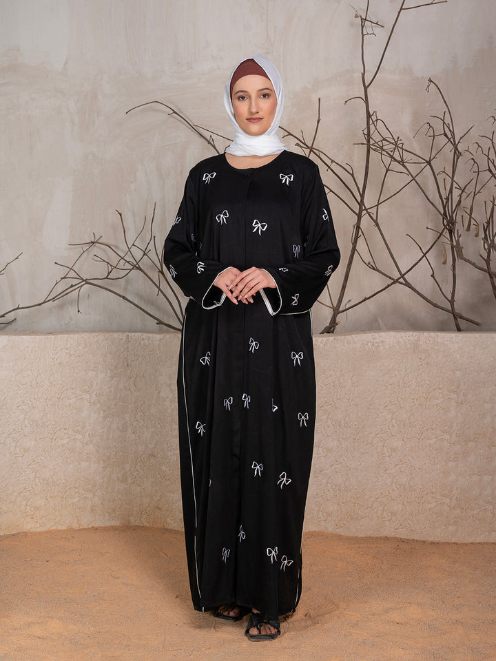 Black Polyester Tik Tok Fabric Bow Embroidered Abaya With Scarf