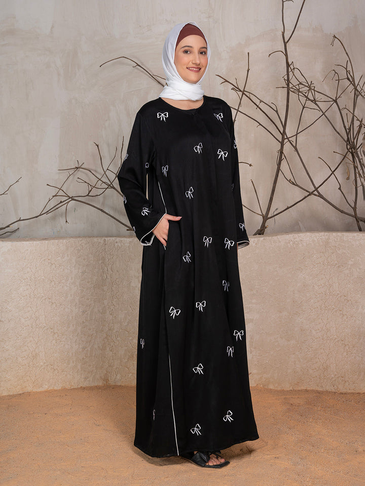 Black Polyester Tik Tok Fabric Bow Embroidered Abaya With Scarf