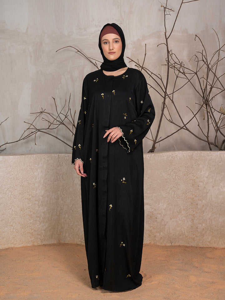 Black Polyester Tik Tok Fabric Floral Embroidered Abaya With Scarf