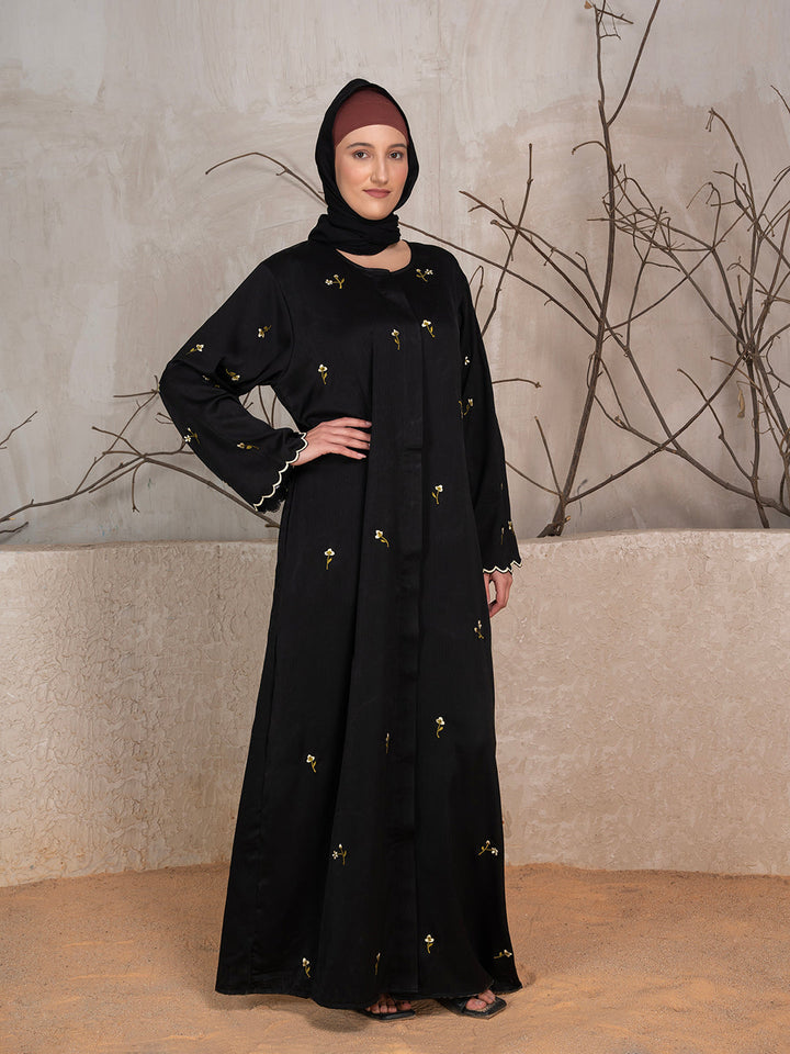 Black Polyester Tik Tok Fabric Floral Embroidered Abaya With Scarf