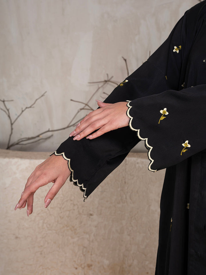 Black Polyester Tik Tok Fabric Floral Embroidered Abaya With Scarf