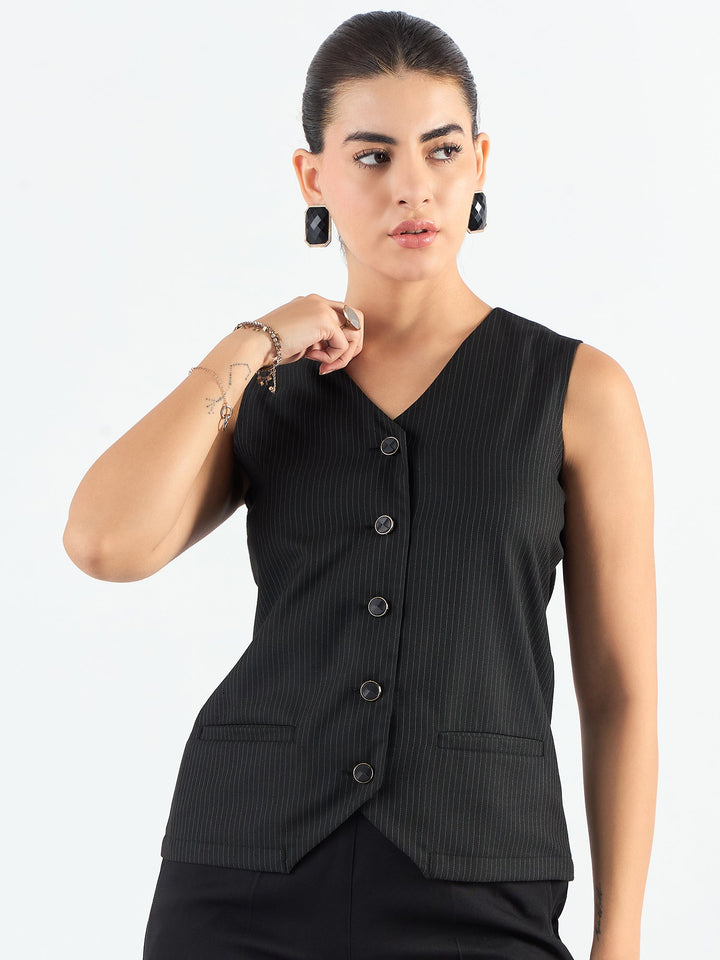 Black-Polyester-V-Neck-Striped-Sleeveless-Vest-Coat