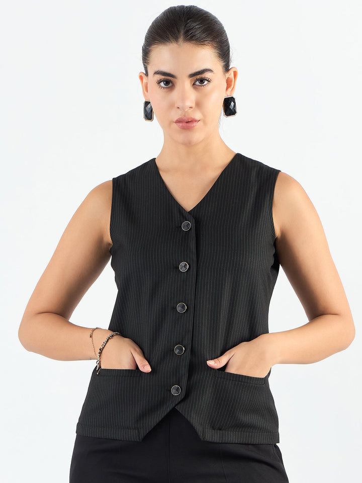 Black-Polyester-V-Neck-Striped-Sleeveless-Vest-Coat