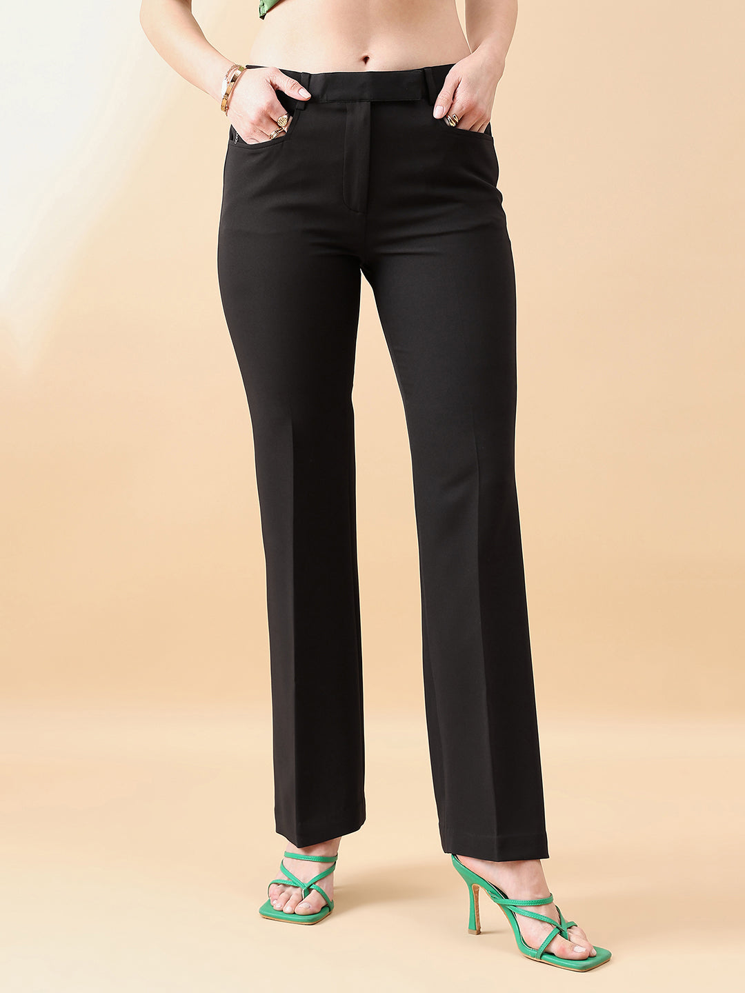 Black-Polyester-&-Viscose-Blend-Bell-Bottom-Stretch-Trouser