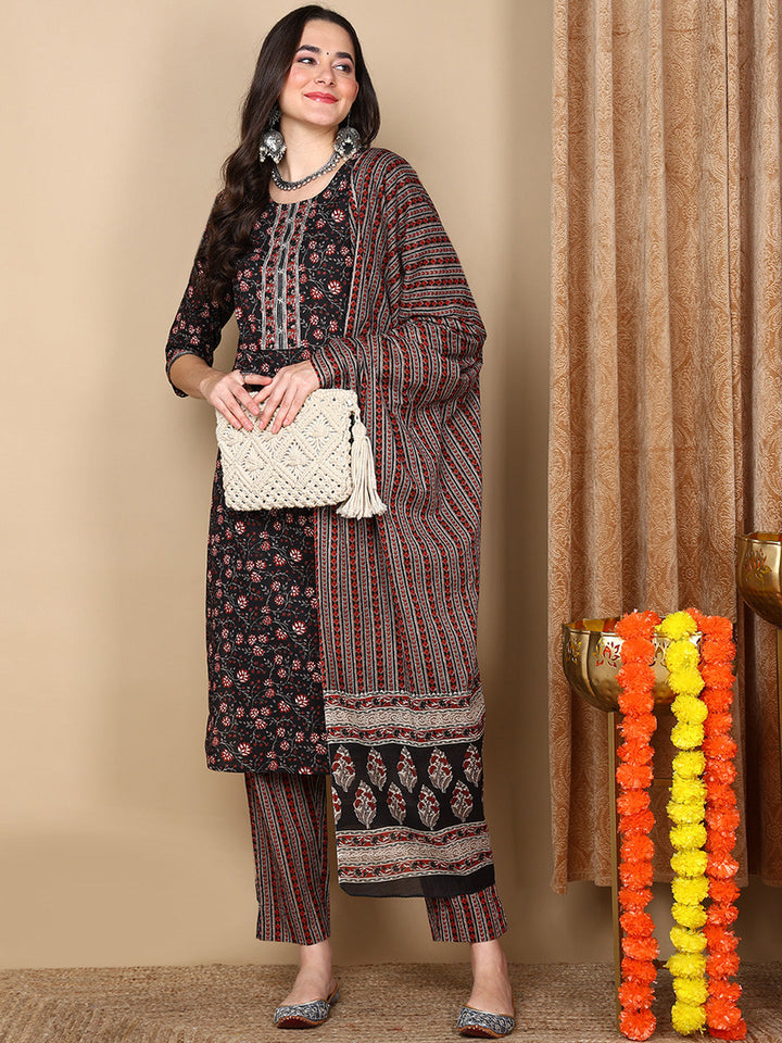 Black Pure Cotton Floral Printed Flared Kurta Trouser With Dupatta