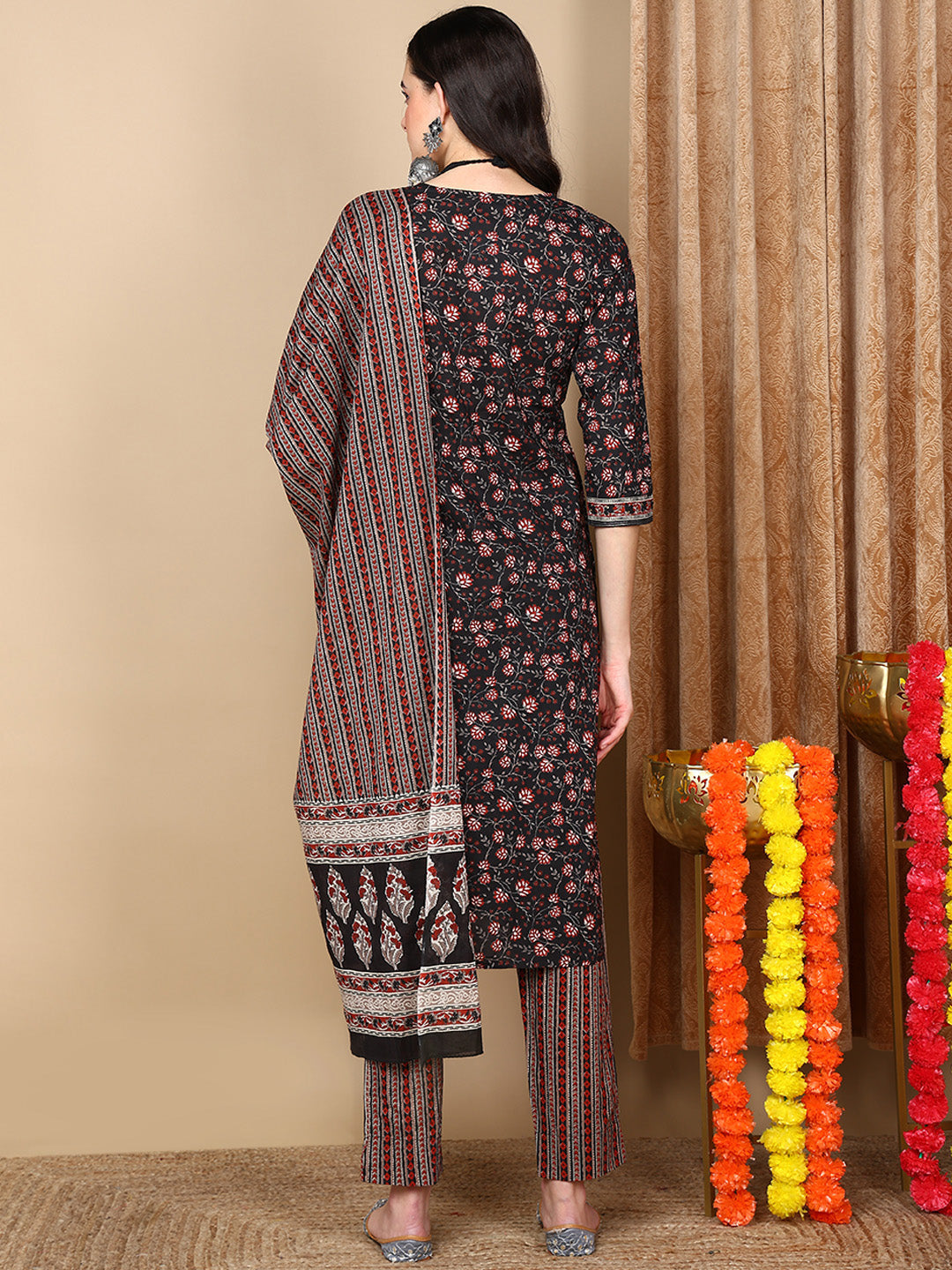 Black Pure Cotton Floral Printed Flared Kurta Trouser With Dupatta
