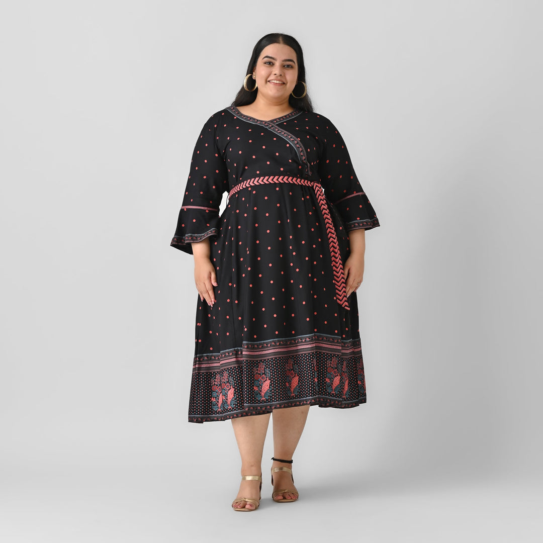 Black-Rayon-Angrakha-Flared-Midi-Dress-with-Knot-Details