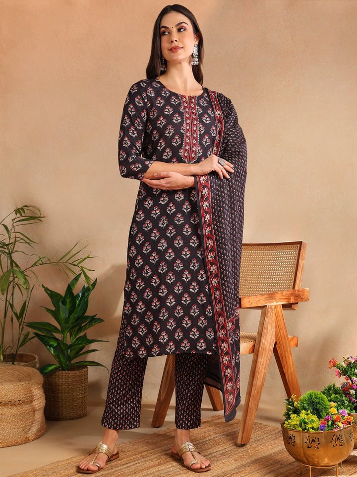 ZERESOUQ-Black-Rayon-Blend-Floral-Print-Straight-3-Piece-Kurta-Set