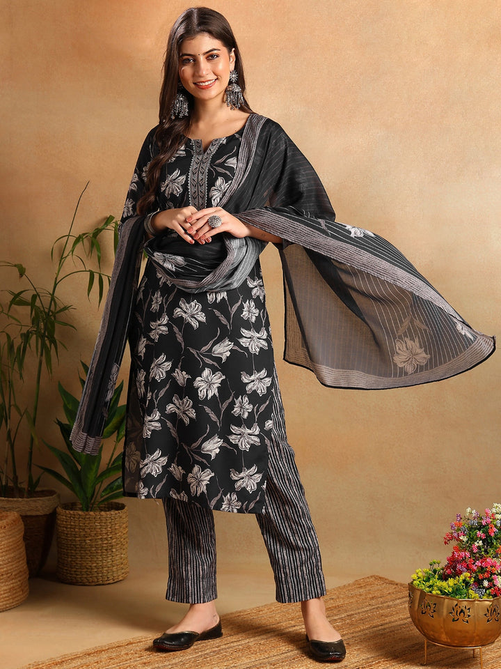 Black-Rayon-Blend-Floral-Printed-Straight-3-Piece-Kurta-Set