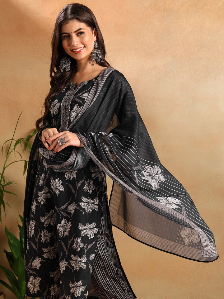 ZERESOUQ-Black-Rayon-Blend-Floral-Printed-Straight-3-Piece-Kurta-Set