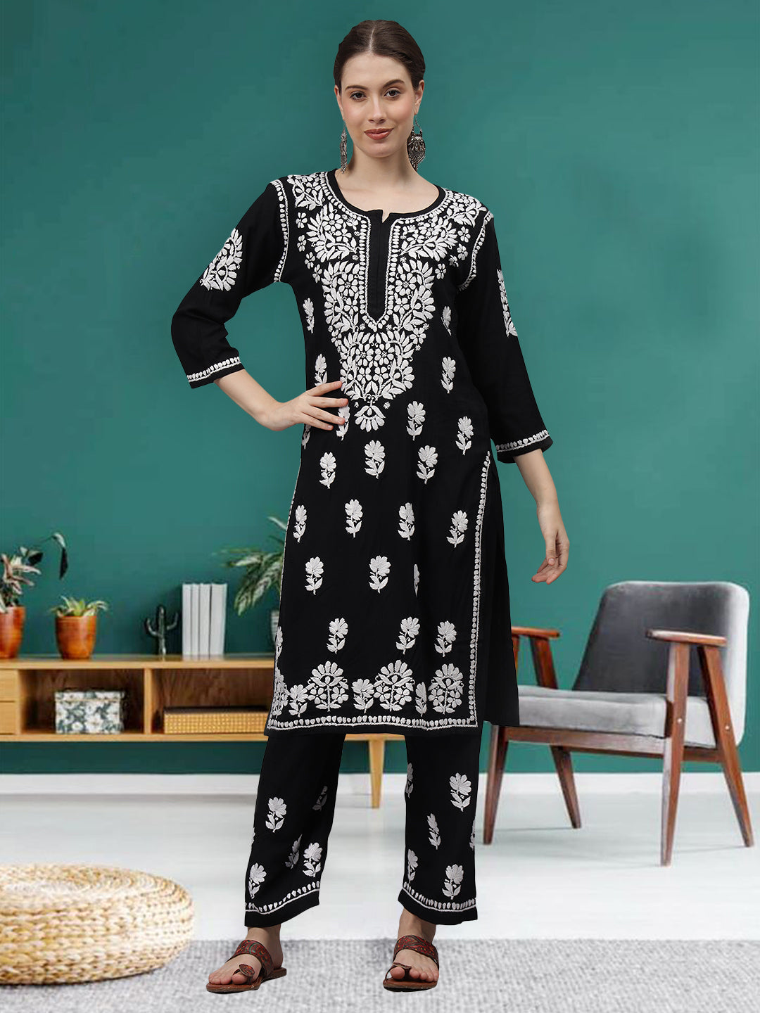 Black-Rayon-Embroidered-Chikankari-2-Piece-Kurta-Set