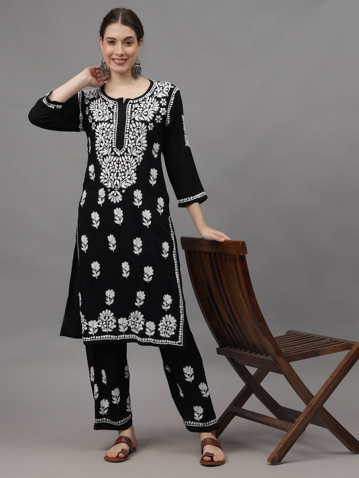 Black-Rayon-Embroidered-Chikankari-2-Piece-Kurta-Set