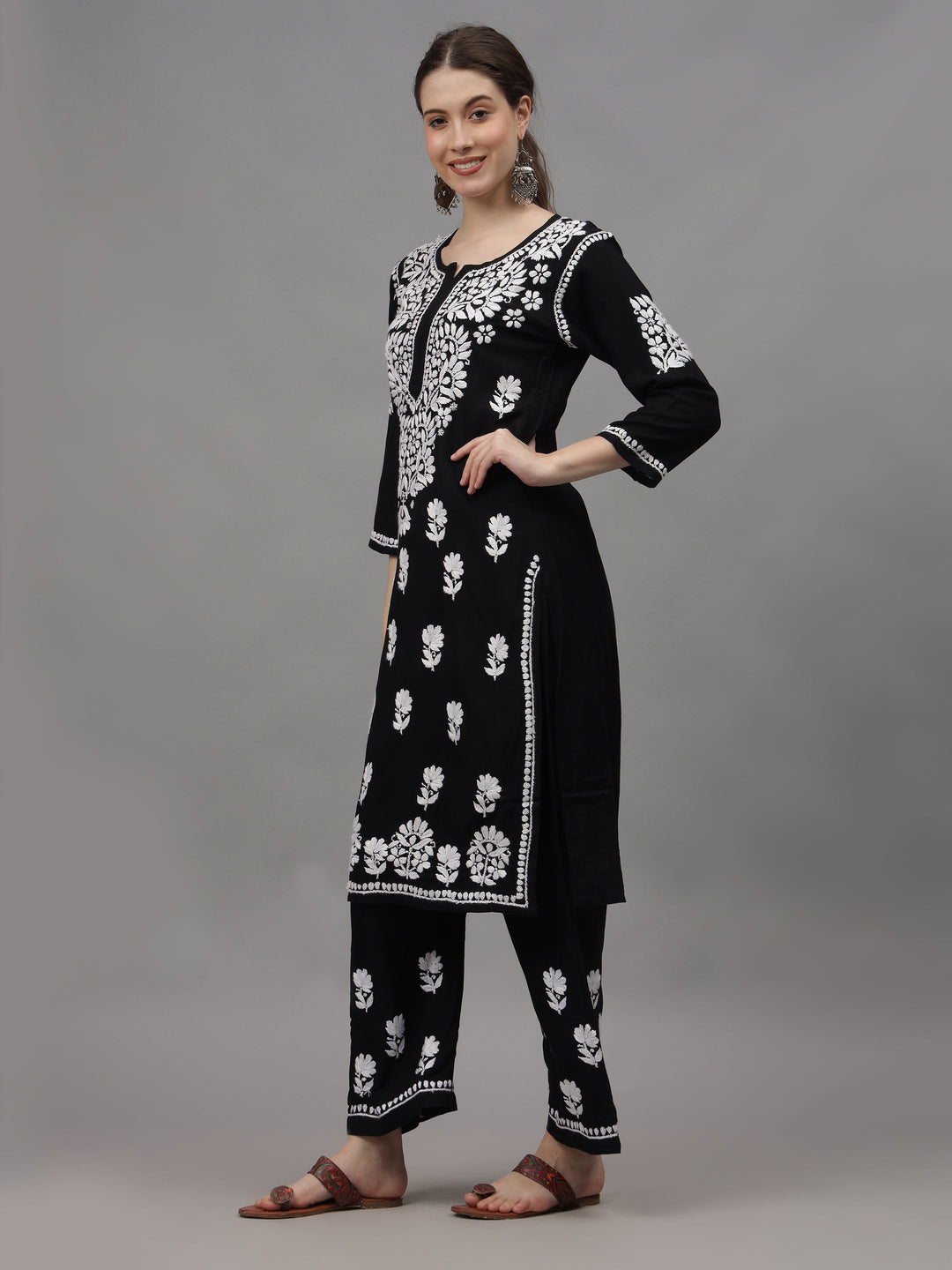 Black-Rayon-Embroidered-Chikankari-2-Piece-Kurta-Set