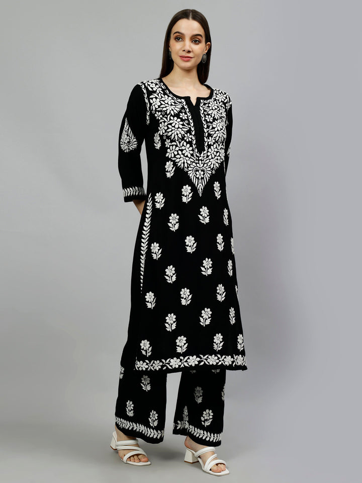Black-Rayon-Embroidered-Chikankari-Kurta-&-Palazzo-Set