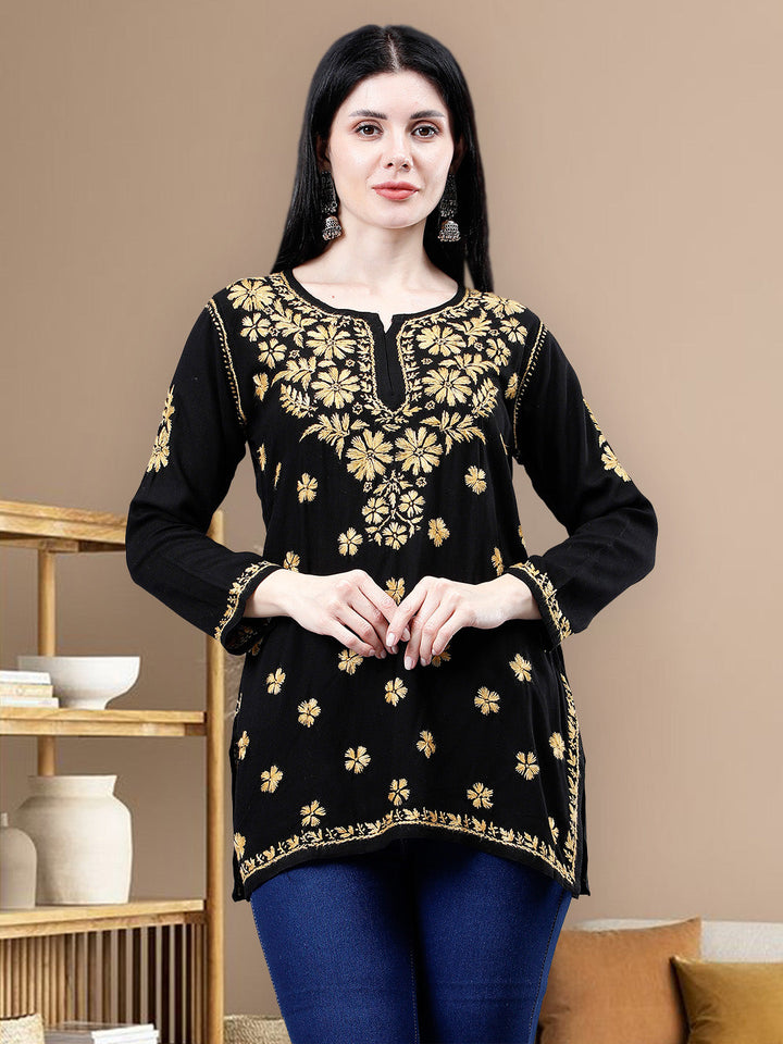 Black-Rayon-Embroidered-Chikankari-Short-Tunic