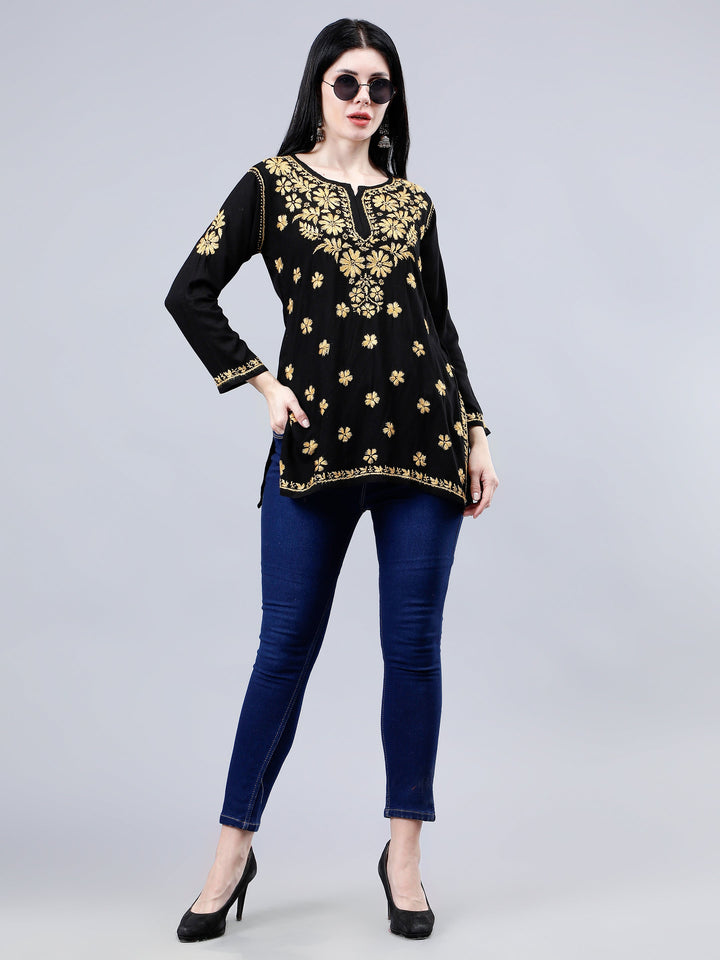 Black-Rayon-Embroidered-Chikankari-Short-Tunic