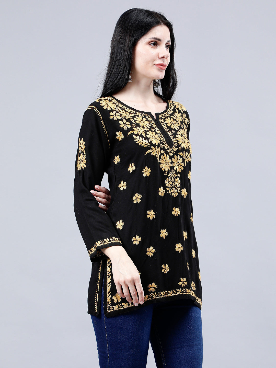 Black-Rayon-Embroidered-Chikankari-Short-Tunic