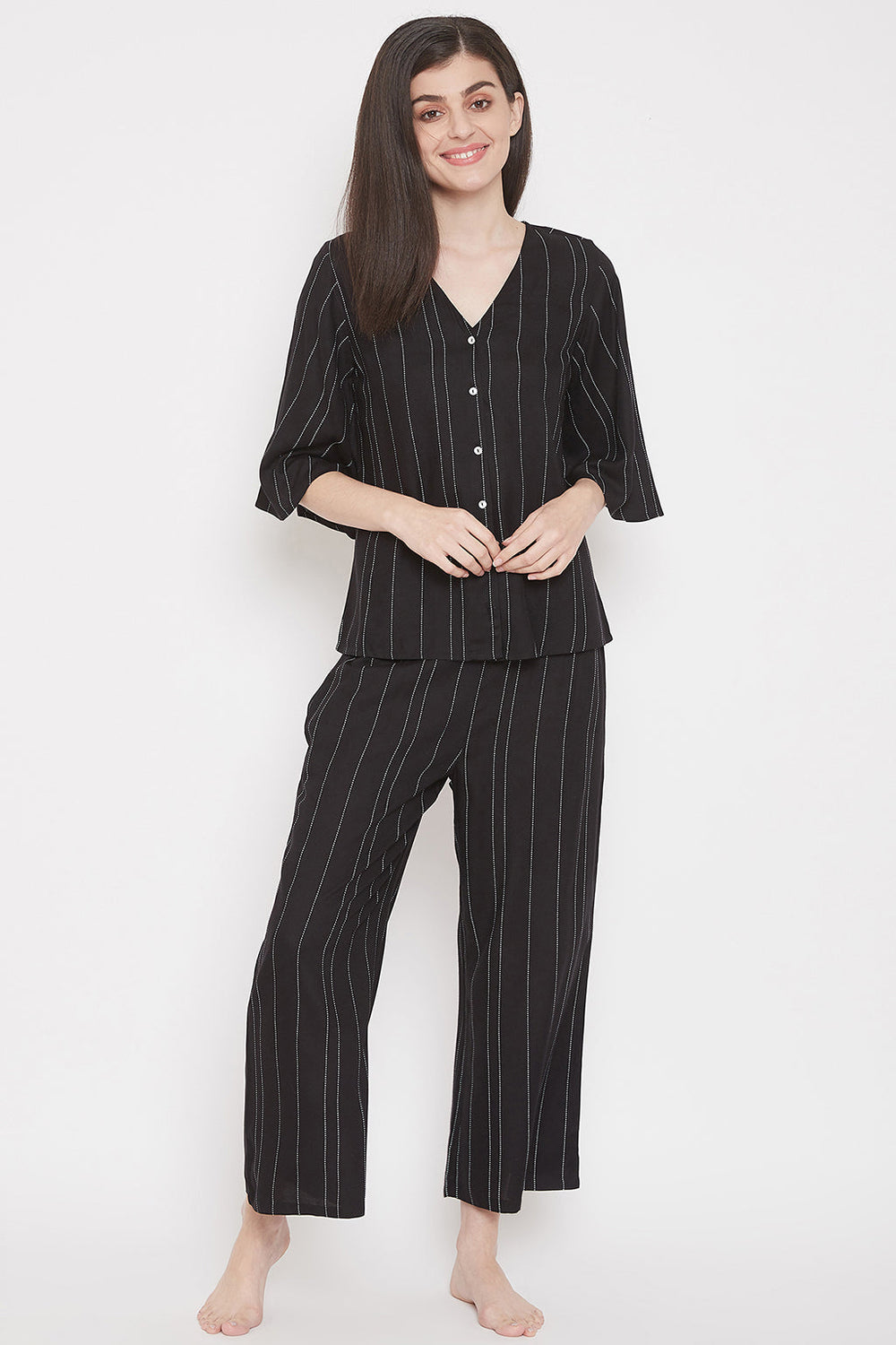 Black-Rayon-Sassy-Stripes-Button-Down-Top-&-Pyjama